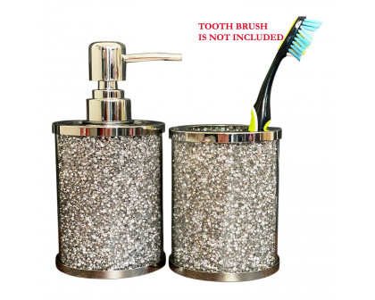 Furnings Soap Dispenser and Toothbrush Holder in Gift Box, Silver Crushed Diamond Glass