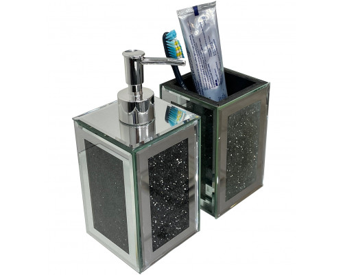 Furnings - Square Soap Dispenser and Toothbrush Holder in Gift Box, Black Crushed Diamond Glass