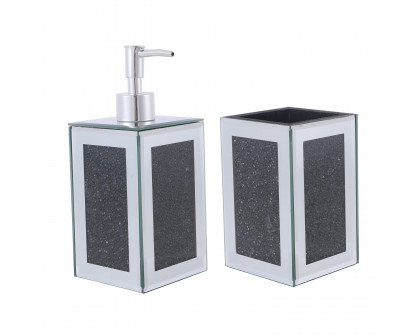 Furnings - Square Soap Dispenser and Toothbrush Holder in Gift Box, Black Crushed Diamond Glass