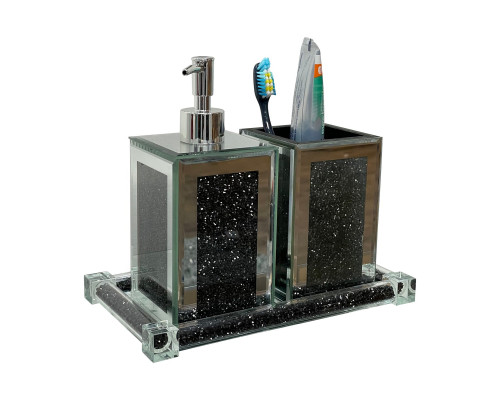 Furnings - Square Soap Dispenser and Toothbrush Holder with Tray, Black Crushed Diamond Glass