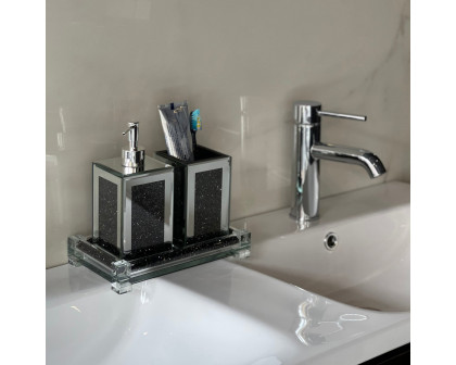 Furnings - Square Soap Dispenser and Toothbrush Holder with Tray, Black Crushed Diamond Glass