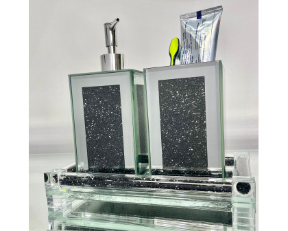 Furnings - Square Soap Dispenser and Toothbrush Holder with Tray, Black Crushed Diamond Glass