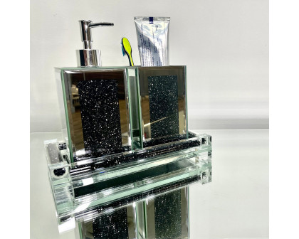 Furnings - Square Soap Dispenser and Toothbrush Holder with Tray, Black Crushed Diamond Glass