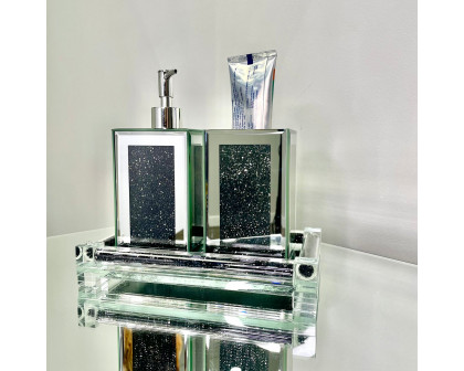 Furnings - Square Soap Dispenser and Toothbrush Holder with Tray, Black Crushed Diamond Glass