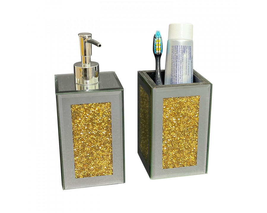 Furnings - Square Soap Dispenser and Toothbrush Holder in Gift Box, Gold Crushed Diamond Glass