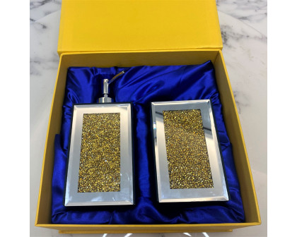 Furnings - Square Soap Dispenser and Toothbrush Holder in Gift Box, Gold Crushed Diamond Glass