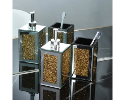 Furnings - Square Soap Dispenser and Toothbrush Holder in Gift Box, Gold Crushed Diamond Glass