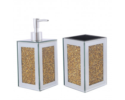 Furnings - Square Soap Dispenser and Toothbrush Holder in Gift Box, Gold Crushed Diamond Glass