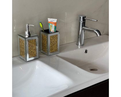 Furnings - Square Soap Dispenser and Toothbrush Holder in Gift Box, Gold Crushed Diamond Glass