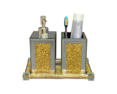 Furnings - Square Soap Dispenser and Toothbrush Holder with Tray, Gold Crushed Diamond Glass