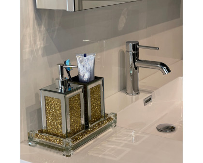 Furnings - Square Soap Dispenser and Toothbrush Holder with Tray, Gold Crushed Diamond Glass