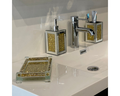 Furnings - Square Soap Dispenser and Toothbrush Holder with Tray, Gold Crushed Diamond Glass