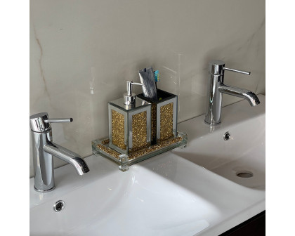 Furnings - Square Soap Dispenser and Toothbrush Holder with Tray, Gold Crushed Diamond Glass