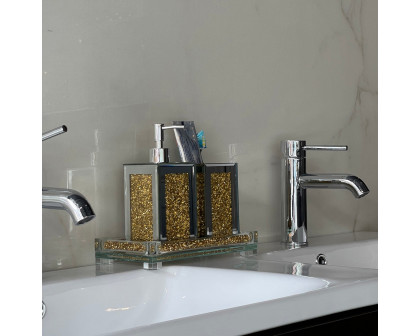 Furnings - Square Soap Dispenser and Toothbrush Holder with Tray, Gold Crushed Diamond Glass