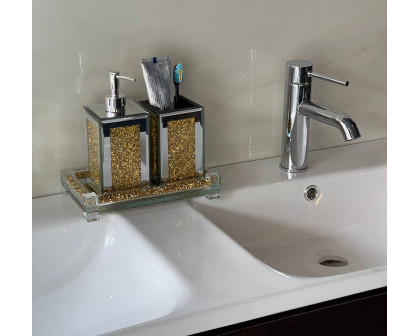 Furnings - Square Soap Dispenser and Toothbrush Holder with Tray, Gold Crushed Diamond Glass