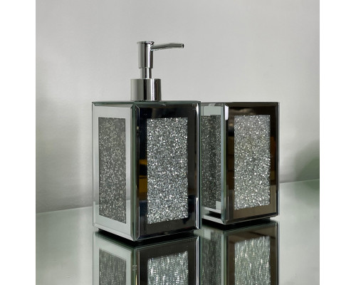 Furnings - Square Soap Dispenser and Toothbrush Holder in Gift Box, Silver Crushed Diamond Glass