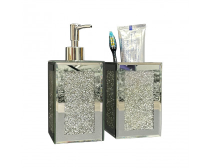 Furnings - Square Soap Dispenser and Toothbrush Holder in Gift Box, Silver Crushed Diamond Glass