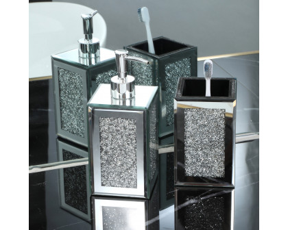 Furnings - Square Soap Dispenser and Toothbrush Holder in Gift Box, Silver Crushed Diamond Glass