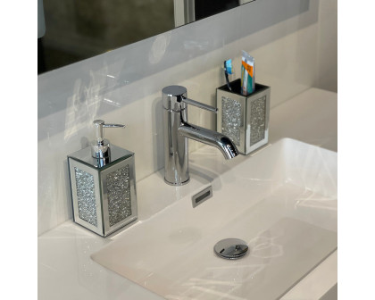 Furnings - Square Soap Dispenser and Toothbrush Holder in Gift Box, Silver Crushed Diamond Glass