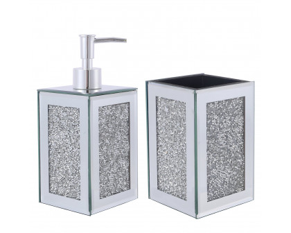 Furnings - Square Soap Dispenser and Toothbrush Holder in Gift Box, Silver Crushed Diamond Glass