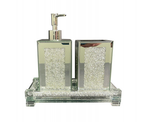 Furnings - Square Soap Dispenser and Toothbrush Holder with Tray, Silver Crushed Diamond Glass