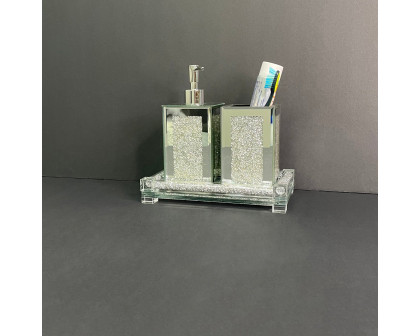 Furnings - Square Soap Dispenser and Toothbrush Holder with Tray, Silver Crushed Diamond Glass