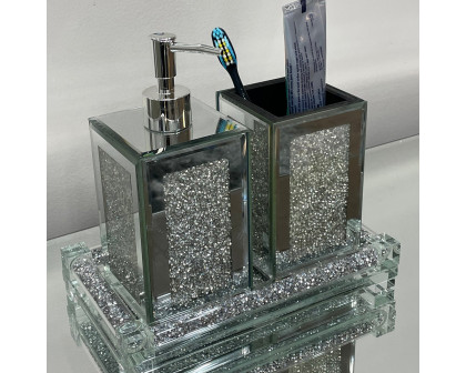 Furnings - Square Soap Dispenser and Toothbrush Holder with Tray, Silver Crushed Diamond Glass