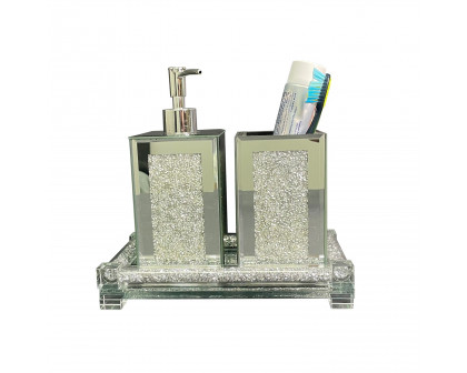 Furnings - Square Soap Dispenser and Toothbrush Holder with Tray, Silver Crushed Diamond Glass