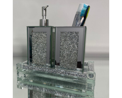 Furnings - Square Soap Dispenser and Toothbrush Holder with Tray, Silver Crushed Diamond Glass