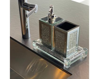 Furnings - Square Soap Dispenser and Toothbrush Holder with Tray, Silver Crushed Diamond Glass