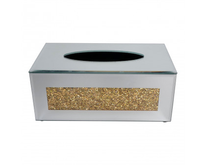 Furnings Mirrored Tissue Holder in Gift Box in Gift Box, Gold Crushed Diamond Glass Accent