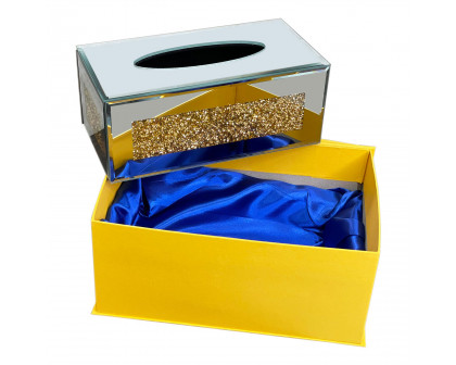 Furnings Mirrored Tissue Holder in Gift Box in Gift Box, Gold Crushed Diamond Glass Accent