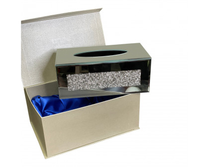 Furnings Mirrored Tissue Holder in Gift Box in Gift Box, Silver Crushed Diamond Glass Accent