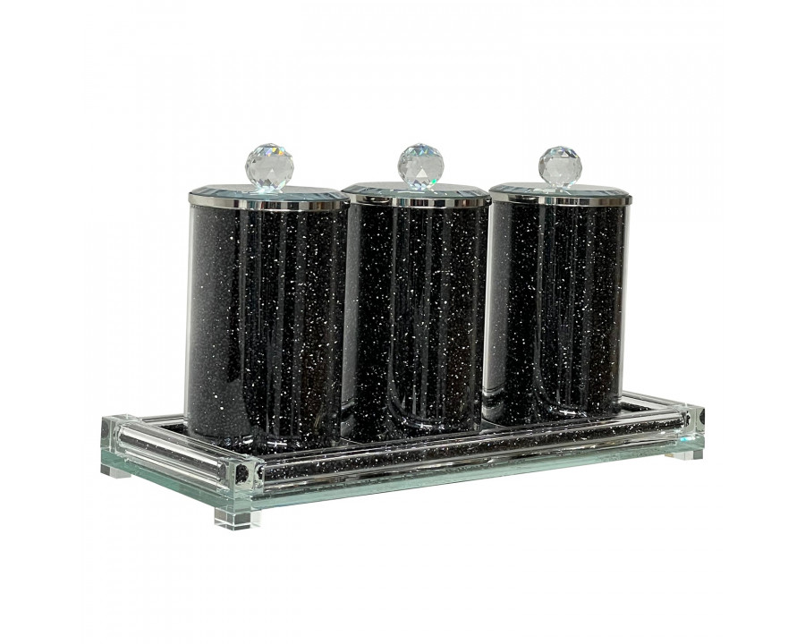 Furnings Three Glass Canister Set on a Tray, Black Crushed Diamond Glass - 8"H x 4"D