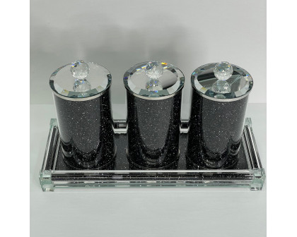 Furnings Three Glass Canister Set on a Tray, Black Crushed Diamond Glass - 8"H x 4"D