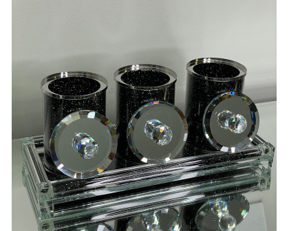 Furnings Three Glass Canister Set on a Tray, Black Crushed Diamond Glass - 8"H x 4"D