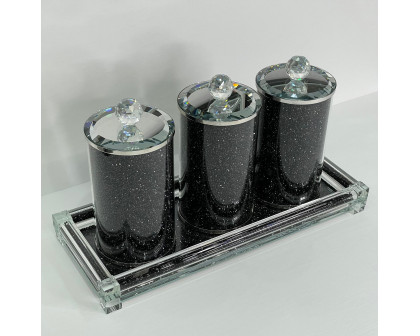 Furnings Three Glass Canister Set on a Tray, Black Crushed Diamond Glass - 8"H x 4"D