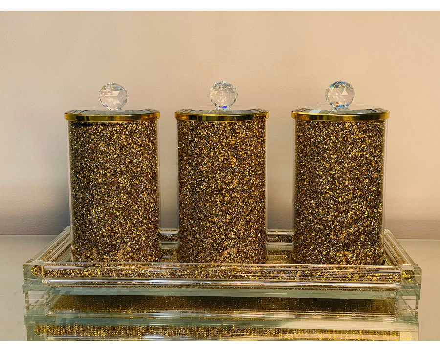 Furnings Three Glass Canister Set on a Tray, Gold Crushed Diamond Glass - 8"H x 4"D