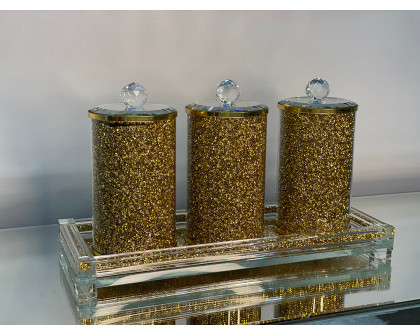 Furnings Three Glass Canister Set on a Tray, Gold Crushed Diamond Glass - 8"H x 4"D