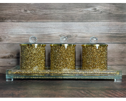 Furnings Three Glass Canister Set on a Tray, Gold Crushed Diamond Glass - 8"H x 4"D