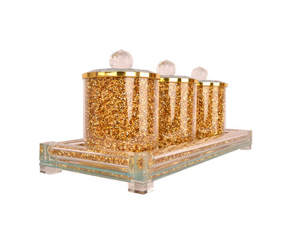 Furnings Three Glass Canister Set on a Tray, Gold Crushed Diamond Glass - 8"H x 4"D