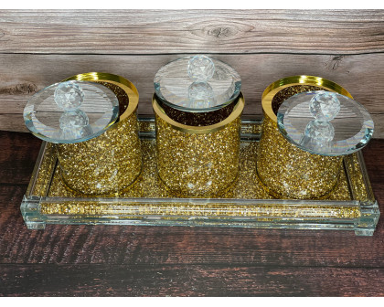 Furnings Three Glass Canister Set on a Tray, Gold Crushed Diamond Glass - 8"H x 4"D