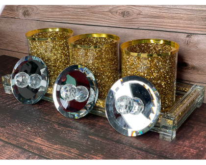 Furnings Three Glass Canister Set on a Tray, Gold Crushed Diamond Glass - 8"H x 4"D