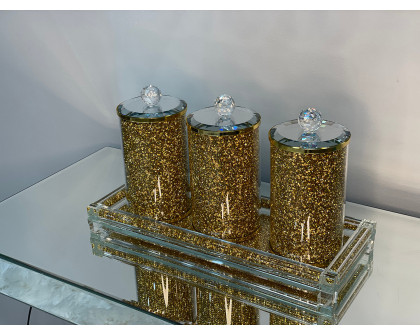 Furnings Three Glass Canister Set on a Tray, Gold Crushed Diamond Glass - 8"H x 4"D