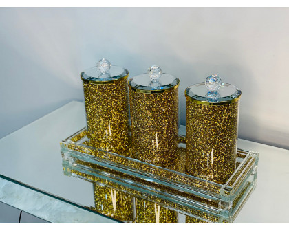 Furnings Three Glass Canister Set on a Tray, Gold Crushed Diamond Glass - 8"H x 4"D