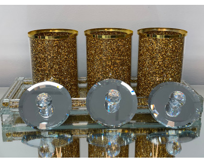 Furnings Three Glass Canister Set on a Tray, Gold Crushed Diamond Glass - 8"H x 4"D