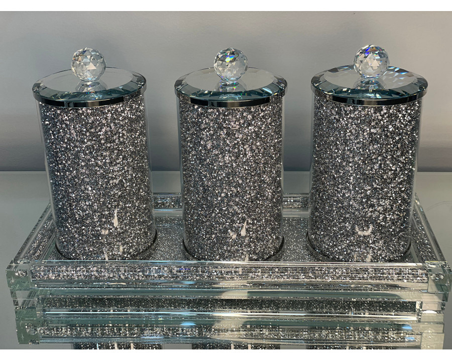 Furnings Three Glass Canister Set on a Tray, Silver Crushed Diamond Glass - 8"H x 4"D