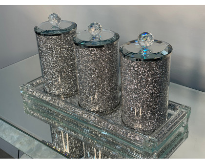 Furnings Three Glass Canister Set on a Tray, Silver Crushed Diamond Glass - 8"H x 4"D