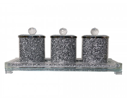 Furnings Three Glass Canister Set on a Tray, Silver Crushed Diamond Glass - 8"H x 4"D