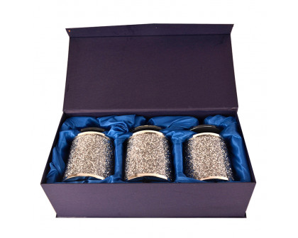 Furnings Three Glass Canister Set on a Tray, Silver Crushed Diamond Glass - 8"H x 4"D